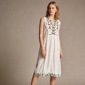 NWOT Johnny Was Embroidered Floral Flowers Cotton Midi Dress White Size S